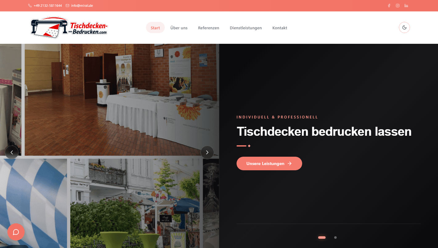 Website-Ansicht: Tischdecken bedrucken — individuelles Websystem